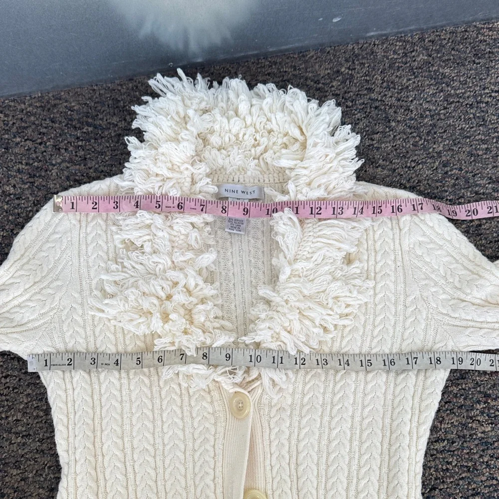 Vintage Nine West Cream Cable Knit Long Crochet Cardigan with Fringe Trim
